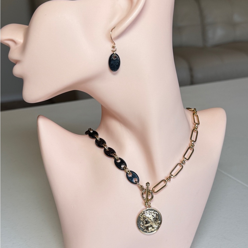 Gold and Black Chain Link Coin Necklace with Matching Drops Earrings - Picture 4 of 11